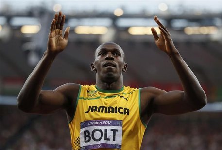 Jamaica's Usain Bolt celebrates after winning his men's 200m semi-final during the London 2012 Olympic Games at the Olympic Stadium August 8 Jamaica's Usain Bolt celebrates after winning his men's 200m semi-final during the London 2012 Olympic Games at the Olympic Stadium August 8