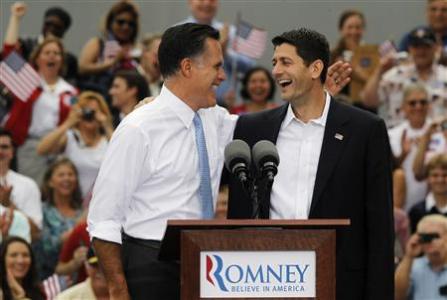 Republican U.S. Presidential candidate Mitt Romney (L) introduces U.S. Congressman Paul Ryan (R-WI) as his vice-presidential running mate during a campaign event at the retired battleship USS Wisconsin in Norfolk, Virginia, August 11, 2012. REUTERS/Jason Reed Republican U.S. Presidential candidate Mitt Romney (L) introduces U.S. Congressman Paul Ryan (R-WI) as his vice-presidential running mate during a campaign event at the retired battleship USS Wisconsin in Norfolk, Virginia, August 11, 2012. REUTERS/Jason Reed
