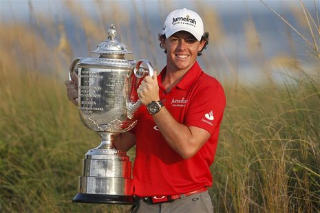 Rory McIlroy of Northern Ireland lifts the Wanamaker Trophy after capturing the PGA Championship at The Ocean Course on Kiawah Island, South Rory McIlroy of Northern Ireland lifts the Wanamaker Trophy after capturing the PGA Championship at The Ocean Course on Kiawah Island, South