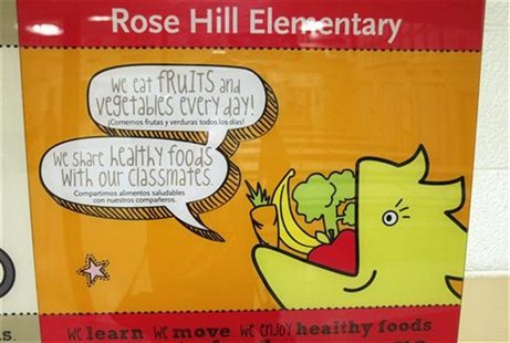 A sign on the wall at Rose Hill Elementary School encourages healthy eating in Commerce City, Colorado, May 1, 2012. REUTERS/Rick Wilking A sign on the wall at Rose Hill Elementary School encourages healthy eating in Commerce City, Colorado, May 1, 2012. REUTERS/Rick Wilking