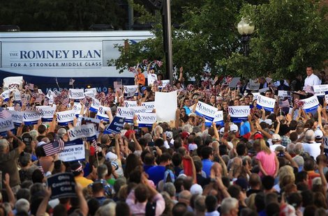 Republican U.S. presidential candidate Mitt Romney speaks at the Chillicothe Victory rally in Chillicothe, Ohio August 14, 2012. REUTERS/Sha Republican U.S. presidential candidate Mitt Romney speaks at the Chillicothe Victory rally in Chillicothe, Ohio August 14, 2012. REUTERS/Sha