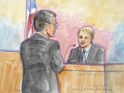 Apple attorney Bill Lee is shown questioning Samsung's chief strategy officer Justin Denison (R) in the witness stand, looks on, in this cou Apple attorney Bill Lee is shown questioning Samsung's chief strategy officer Justin Denison (R) in the witness stand, looks on, in this cou