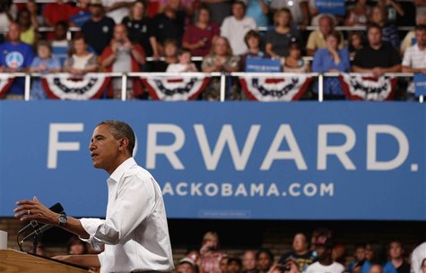 U.S. President Barack Obama speaks at a campaign event at the B.R. Miller Middle School in Marshalltown, Iowa, August 14, 2012. REUTERS/Larr U.S. President Barack Obama speaks at a campaign event at the B.R. Miller Middle School in Marshalltown, Iowa, August 14, 2012. REUTERS/Larr