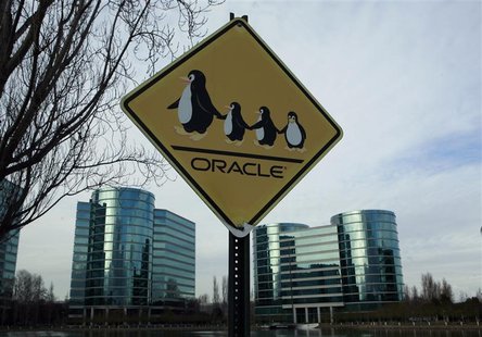 A sign is shown at the headquarters of Oracle Corporation in Redwood City, California February 2, 2010. Picture taken February 2, 2010. REUT A sign is shown at the headquarters of Oracle Corporation in Redwood City, California February 2, 2010. Picture taken February 2, 2010. REUT