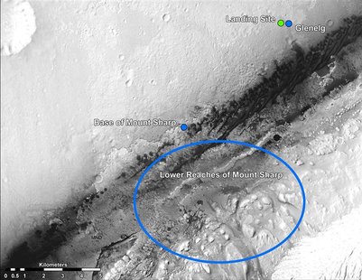 Undated NASA handout image shows the Mars landing site of the Curiosity rover and destinations scientists want to investigate. Curiosity lan Undated NASA handout image shows the Mars landing site of the Curiosity rover and destinations scientists want to investigate. Curiosity lan
