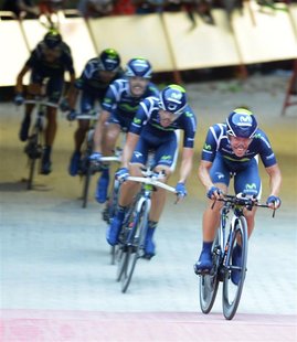 Movistar Team rider Jonathan Castroviejo of Spain cycles to win the first stage of the Tour of Spain "La Vuelta" cycling race, a 16.5 km tea Movistar Team rider Jonathan Castroviejo of Spain cycles to win the first stage of the Tour of Spain "La Vuelta" cycling race, a 16.5 km tea