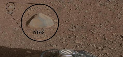 This mosaic image with a close-up inset, taken prior to the test, shows the rock chosen as the first target for NASA's Curiosity rover to za This mosaic image with a close-up inset, taken prior to the test, shows the rock chosen as the first target for NASA's Curiosity rover to za