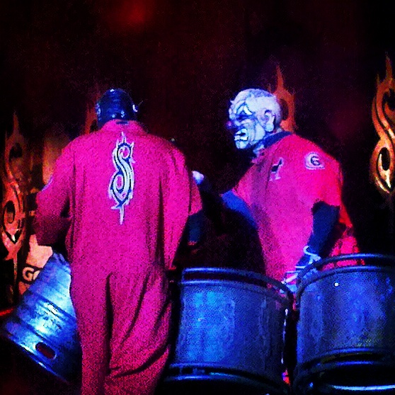 Sid Wilson and Clown of Slipknot on their drumset. Photo by Jake Raflik.