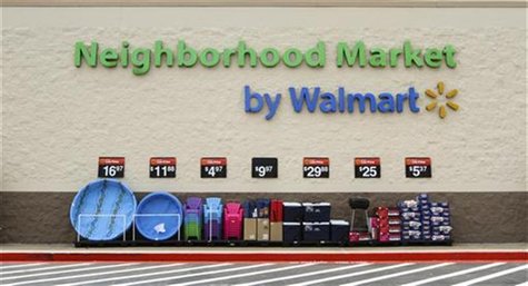 Products are displayed outside a Wal-Mart Neighborhood Market store in Bentonville, Arkansas, May 31, 2012. REUTERS/Jacob Slaton Products are displayed outside a Wal-Mart Neighborhood Market store in Bentonville, Arkansas, May 31, 2012. REUTERS/Jacob Slaton