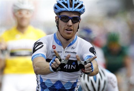 Garmin-Cervelo rider Tyler Farrar of the U.S. celebrates as he crosses the finish line after the third stage of the Tour de France 2011 cycl Garmin-Cervelo rider Tyler Farrar of the U.S. celebrates as he crosses the finish line after the third stage of the Tour de France 2011 cycl