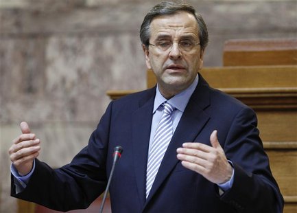 Greek Prime Minister Antonis Samaras addresses a parliamentary group of his party in Athens July 24, 2012. REUTERS/John Kolesidis Greek Prime Minister Antonis Samaras addresses a parliamentary group of his party in Athens July 24, 2012. REUTERS/John Kolesidis