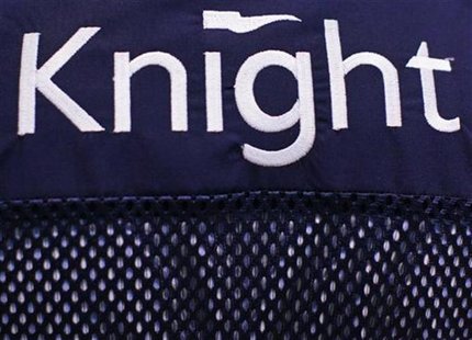 A Knight Capital logo is seen on a trader's jacket on the floor of the New York Stock Exchange August 1, 2012. REUTERS/Brendan McDermid A Knight Capital logo is seen on a trader's jacket on the floor of the New York Stock Exchange August 1, 2012. REUTERS/Brendan McDermid
