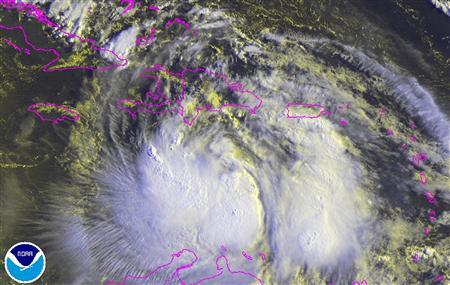 Tropical Storm Isaac is seen in this NOAA satellite image taken at 7:45 EST (11:45 GMT) August 24, 2012. Isaac headed towards the Dominican Republic and Haiti on Friday, rumbling slowly west across More...
Credit: REUTERS/NOAA/Handout
Tropical Storm Isaac is seen in this NOAA satellite image taken at 7:45 EST (11:45 GMT) August 24, 2012. Isaac headed towards the Dominican Republic and Haiti on Friday, rumbling slowly west across More...
Credit: REUTERS/NOAA/Handout