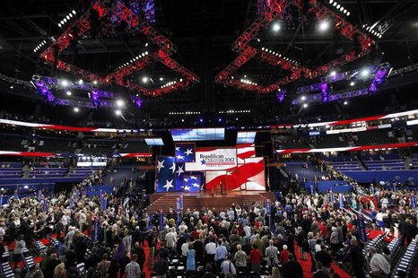 Delegates stand for a prayer and the U.S. national anthem at the start of the second session of the Republican National Convention in Tampa, Delegates stand for a prayer and the U.S. national anthem at the start of the second session of the Republican National Convention in Tampa,