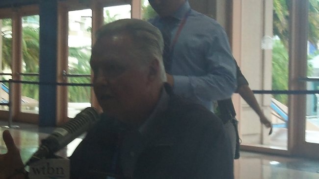 Actor Jon Voight speaks with a local television station on media row in Tampa, Florida.