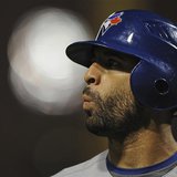Toronto Blue Jays batter Jose Bautista #19 reacts after striking out against the Baltimore Orioles in the seventh inning during their MLB Am