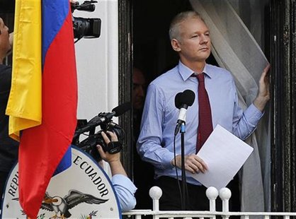 Wikileaks founder Julian Assange arrives to speak from the balcony of Ecuador's embassy, where he is taking refuge in London August 19, 2012 Wikileaks founder Julian Assange arrives to speak from the balcony of Ecuador's embassy, where he is taking refuge in London August 19, 2012