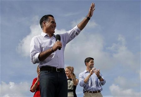 Republican presidential candidate and former Massachusetts Governor Mitt Romney (L) is joined by vice-presidential candidate U.S. Congressma