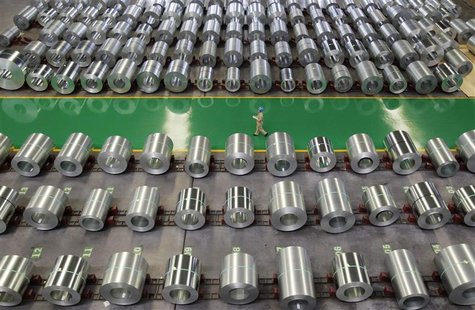 An employee walks past columns of steel at a steel production factory in Wuhan, Hubei province, in this August 2, 2012 file picture. REUTERS An employee walks past columns of steel at a steel production factory in Wuhan, Hubei province, in this August 2, 2012 file picture. REUTERS