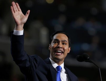 Keynote speaker and San Antonio, Texas Mayor Julian Castro waves while addressing the first session of the Democratic National Convention in Keynote speaker and San Antonio, Texas Mayor Julian Castro waves while addressing the first session of the Democratic National Convention in