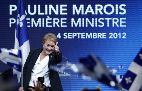 Parti Quebecois leader Pauline Marois addresses party supporters after winning a minority government in the Quebec provincial election in Mo Parti Quebecois leader Pauline Marois addresses party supporters after winning a minority government in the Quebec provincial election in Mo
