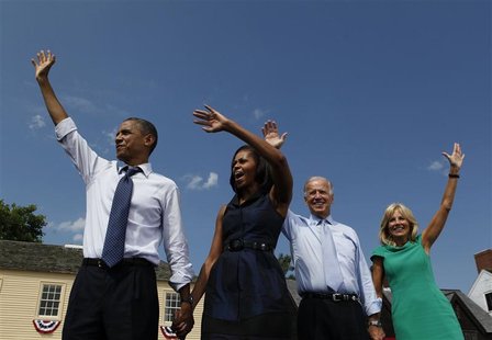 U.S. President Barack Obama (L-R), first lady Michelle Obama, U.S. Vice President Joe Biden, and Biden's wife Jill wave at a campaign event U.S. President Barack Obama (L-R), first lady Michelle Obama, U.S. Vice President Joe Biden, and Biden's wife Jill wave at a campaign event