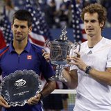 Britain's Andy Murray (R) and Serbia's Novak Djokovic hold their trophies after Murray defeated Djokovic in the men's singles final match at Britain's Andy Murray (R) and Serbia's Novak Djokovic hold their trophies after Murray defeated Djokovic in the men's singles final match at