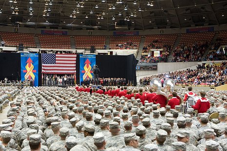 Family members and public officials bid farewell to some 3,200 members of the 32nd Infantry Brigade Combat Team and augmenting units, Wisconsin Army National Guard, in a large ceremony at the Dane County Veterans Memorial Coliseum in Madison, Feb. 17, 2009. The unit is bound for pre-deployment training at Fort Bliss, Texas, followed by a deployment of approximately 10 months for Operation Iraqi Freedom. Wisconsin Department of Military Affairs photo by Staff Sgt. Joe Streeter. Family members and public officials bid farewell to some 3,200 members of the 32nd Infantry Brigade Combat Team and augmenting units, Wisconsin Army National Guard, in a large ceremony at the Dane County Veterans Memorial Coliseum in Madison, Feb. 17, 2009. The unit is bound for pre-deployment training at Fort Bliss, Texas, followed by a deployment of approximately 10 months for Operation Iraqi Freedom. Wisconsin Department of Military Affairs photo by Staff Sgt. Joe Streeter.
