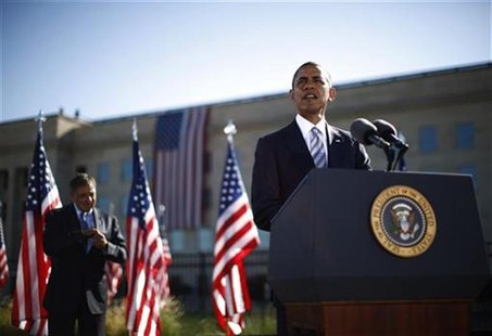 U.S. President Barack Obama speaks near U.S. Secretary of Defense Leon Panetta on the 11th anniversary of the September 11 attacks at the Pe U.S. President Barack Obama speaks near U.S. Secretary of Defense Leon Panetta on the 11th anniversary of the September 11 attacks at the Pe