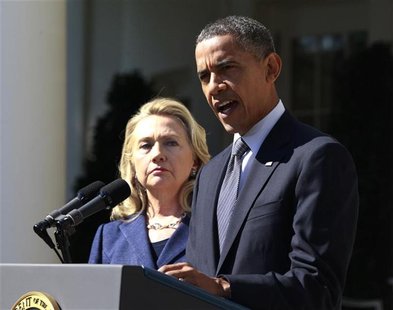 U.S. President Barack Obama delivers a statement alongside Secretary of State Hillary Clinton, following the death of the U.S. Ambassador to U.S. President Barack Obama delivers a statement alongside Secretary of State Hillary Clinton, following the death of the U.S. Ambassador to