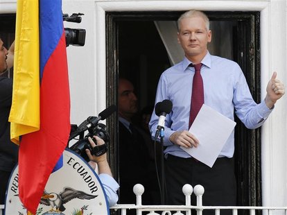 Wikileaks founder Julian Assange gestures as he appears to speak from the balcony of Ecuador's embassy, where he is taking refuge in London Wikileaks founder Julian Assange gestures as he appears to speak from the balcony of Ecuador's embassy, where he is taking refuge in London