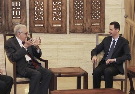 Syria's President Bashar al-Assad (R) meets with United Nations (U.N.)-Arab League peace envoy for Syria Lakhdar Brahimi in Damascus Septemb Syria's President Bashar al-Assad (R) meets with United Nations (U.N.)-Arab League peace envoy for Syria Lakhdar Brahimi in Damascus Septemb