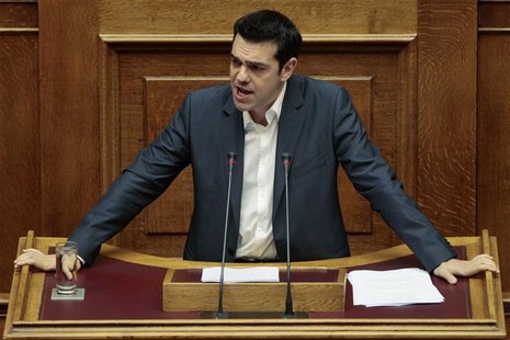 Head of radical left SYRIZA party Alexis Tsipras addresses parliamentarians during a session at the parliament in Athens July 7, 2012. REUTE Head of radical left SYRIZA party Alexis Tsipras addresses parliamentarians during a session at the parliament in Athens July 7, 2012. REUTE