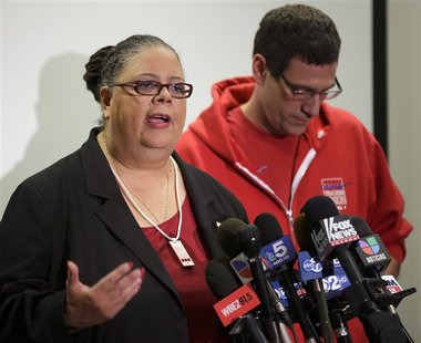 Chicago Teachers Union President Karen Lewis (L) answers a question next to Vice President Jesse Sharkey during a news conference on the sev Chicago Teachers Union President Karen Lewis (L) answers a question next to Vice President Jesse Sharkey during a news conference on the sev