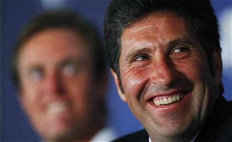 Europe's Ryder Cup team captain Jose Maria Olazabal laughs during the 2012 European Ryder Cup team announcement news conference at the Glene Europe's Ryder Cup team captain Jose Maria Olazabal laughs during the 2012 European Ryder Cup team announcement news conference at the Glene