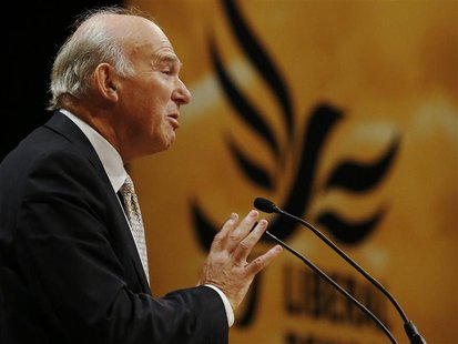 Britain's Business Secretary Vince Cable speaks during the Liberal Democrats annual conference in Brighton, southern England September 24, 2 Britain's Business Secretary Vince Cable speaks during the Liberal Democrats annual conference in Brighton, southern England September 24, 2