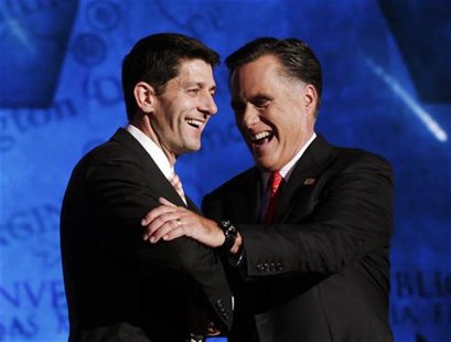 Republican presidential nominee Mitt Romney shakes hands with vice presidential running mate Rep. Paul Ryan (L) after accepting the nominati Republican presidential nominee Mitt Romney shakes hands with vice presidential running mate Rep. Paul Ryan (L) after accepting the nominati
