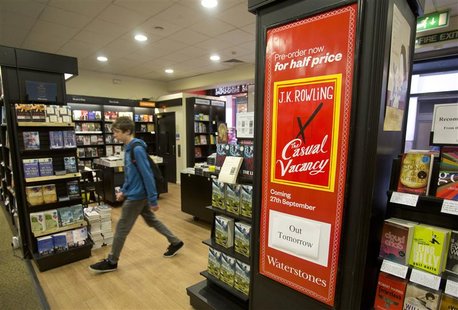 A poster advertising J.K. Rowling's book "The Casual Vacancy" is seen in a bookshop in London September 26, 2012. Rowling takes a step into A poster advertising J.K. Rowling's book "The Casual Vacancy" is seen in a bookshop in London September 26, 2012. Rowling takes a step into