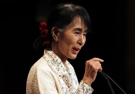 Myanmar's opposition leader Aung San Suu Kyi delivers the annual Godkin Lecture at the John F. Kennedy Jr. Forum at Harvard University in Ca Myanmar's opposition leader Aung San Suu Kyi delivers the annual Godkin Lecture at the John F. Kennedy Jr. Forum at Harvard University in Ca
