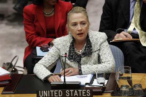 U.S. Secretary of State Hillary Clinton speaks during a Security Council meeting to discuss Peace and Security in the Middle East during the U.S. Secretary of State Hillary Clinton speaks during a Security Council meeting to discuss Peace and Security in the Middle East during the