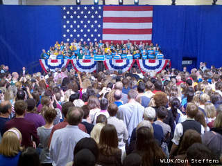 First Lady Michelle Obama speaks at Alexander Gym on the Lawrence University campus in Appleton, Sept. 28, 2012. (courtesy of FOX 11). First Lady Michelle Obama speaks at Alexander Gym on the Lawrence University campus in Appleton, Sept. 28, 2012. (courtesy of FOX 11).