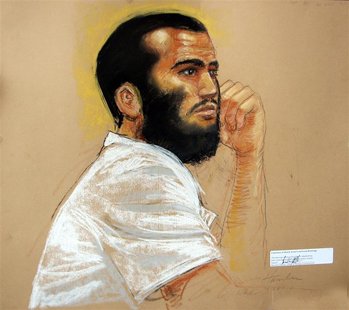 In this photo of a sketch by courtroom artist Janet Hamlin, Canadian defendant Omar Khadr attends a hearing in the courthouse for the U.S. m In this photo of a sketch by courtroom artist Janet Hamlin, Canadian defendant Omar Khadr attends a hearing in the courthouse for the U.S. m