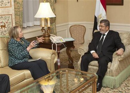 U.S. Secretary of State Hillary Clinton meets with Egyptian President Mohamed Mursi on the sidelines of the United Nations General Assembly in New York September 24, 2012. Credit: Reuters/Andrew Kelly U.S. Secretary of State Hillary Clinton meets with Egyptian President Mohamed Mursi on the sidelines of the United Nations General Assembly in New York September 24, 2012. Credit: Reuters/Andrew Kelly