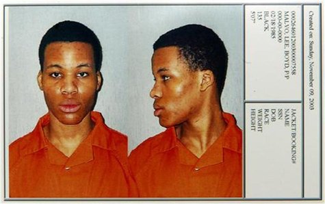 Washington area sniper suspect Lee Boyd Malvo is shown in a booking photo taken November 9, 2003 upon his transfer to the Chesapeake Correct Washington area sniper suspect Lee Boyd Malvo is shown in a booking photo taken November 9, 2003 upon his transfer to the Chesapeake Correct