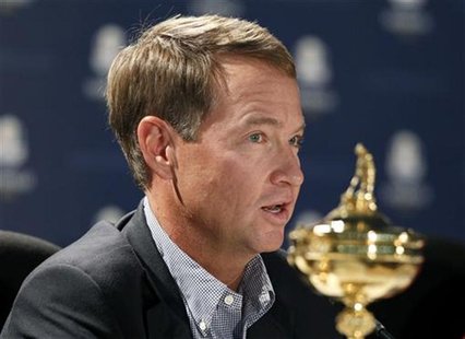U.S. captain Davis Love III attends a news conference after arriving for the 39th Ryder Cup golf matches at the Medinah Country Club in Medi U.S. captain Davis Love III attends a news conference after arriving for the 39th Ryder Cup golf matches at the Medinah Country Club in Medi