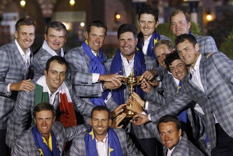 Team Europe golfers (front row L-R) Nicolas Colsaerts, Sergio Garcia, and Graeme McDowell and (back row L-R) Ian Poulter, Paul Lawrie, Franc Team Europe golfers (front row L-R) Nicolas Colsaerts, Sergio Garcia, and Graeme McDowell and (back row L-R) Ian Poulter, Paul Lawrie, Franc