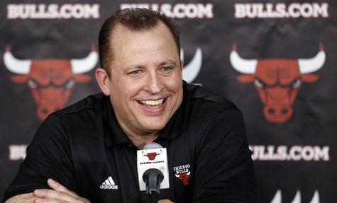 Chicago Bulls head coach Tom Thibodeau answers questions about his new contract during media day for their upcoming NBA basketball season in Chicago Bulls head coach Tom Thibodeau answers questions about his new contract during media day for their upcoming NBA basketball season in