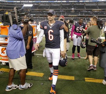 Chicago Bears quarterback Jay Cutler leaves the field after their victory against the Dallas Cowboys following their NFL football game in Ar Chicago Bears quarterback Jay Cutler leaves the field after their victory against the Dallas Cowboys following their NFL football game in Ar