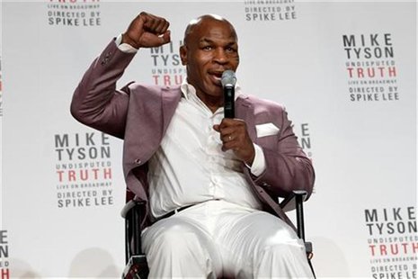 Former heavyweight champion Mike Tyson gestures as he talks about the Broadway debut of his one-man show "Mike Tyson: Undisputed Truth" duri Former heavyweight champion Mike Tyson gestures as he talks about the Broadway debut of his one-man show "Mike Tyson: Undisputed Truth" duri