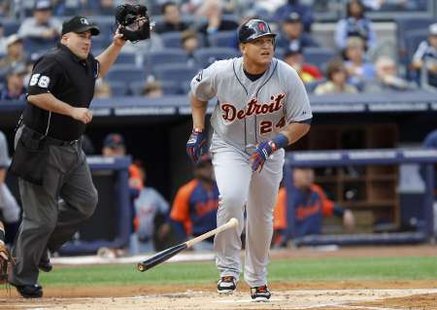 Tigers 3B Miguel Cabrera, who hit his AL-leading 44th home run Monday night against Kansas City, as Detroit clinched the AL Central title with a 6-2 win over the Royals. (REUTERS) Tigers 3B Miguel Cabrera, who hit his AL-leading 44th home run Monday night against Kansas City, as Detroit clinched the AL Central title with a 6-2 win over the Royals. (REUTERS)